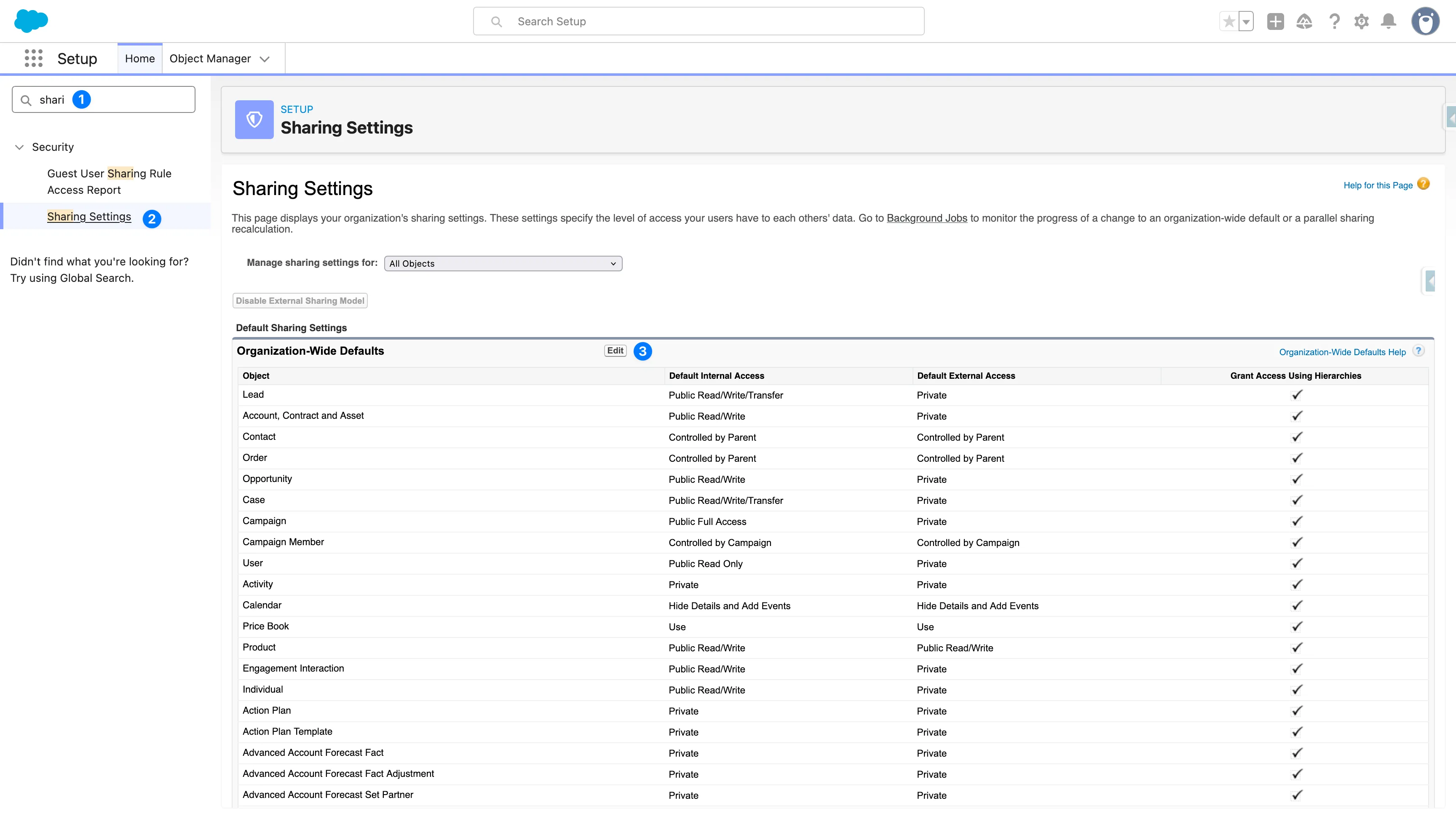 Sharing Settings in Setup